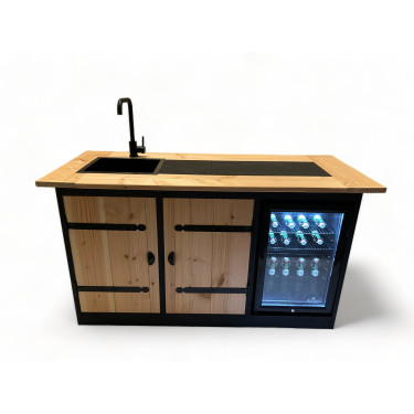 Buitenkeuken Alaska | 70 Liter Koelkast | Met Wasbak | Zwart Omlijst | Douglas Hout