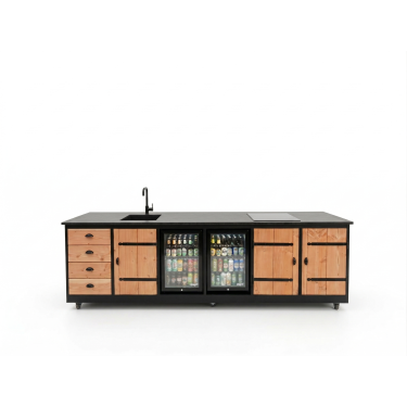 Buitenkeuken Sevilla | Koelkast 70 liter 2x | Douglas Hout | Kruisheng scharnieren | Wasbak en kraan | 2 pits inductie | Zwart omlijst | 12 mm gesinterd stenen blad