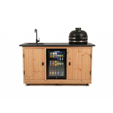 Buitenkeuken Leipzig | Koelkast 70 liter | Kamado 18 inch | Douglas Hout | Normale scharnieren | Gestinerd steen 12 mm | Wasbak en kraan zwart