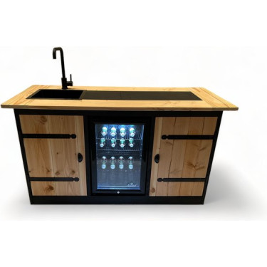 Buitenkeuken Colorado | 70 Liter Koelkast | Met Wasbak | Zwart Omlijst | Douglas Hout