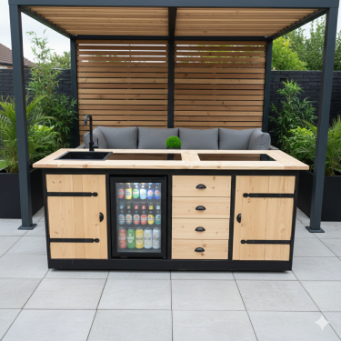 Buitenkeuken Cork | 70 Liter Koelkast | Met Wasbak | Zwart Omlijst | Douglas Hout