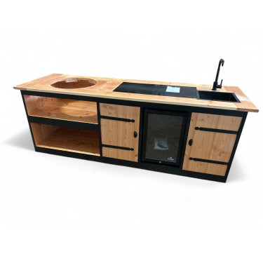 Buitenkeuken India | Verdiepte keuken | Koelkast 70 liter | Wasbak en kraan | Uitsparing Kamado Large | Zwart Omlijst | Douglas Hout