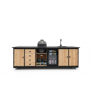 Buitenkeuken Brasilia | Kamado 18 inch Boretti |  Koelkast 70 Liter | Wasbak en kraan | Stenen blad | Douglas Hout