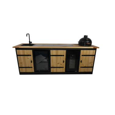 Buitenkeuken Kaapstad | 70 Liter Koelkast | Met Wasbak | + Kamado BBQ | Zwart Omlijst | Douglas Hout