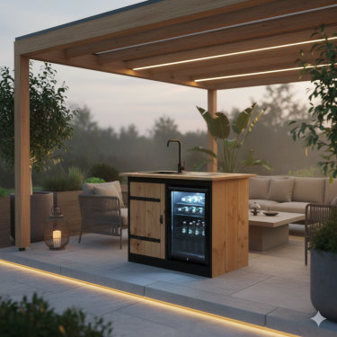 Buitenkeuken Maine | 70 Liter Koelkast | Met Wasbak | Zwart Omlijst | Douglas Hout