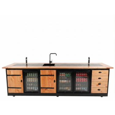 Buitenkeuken Valencia | Koelkast 70 liter 3x | Douglas Hout | Kruishengen | Ladeblok | Wasbak en kraan | Pop-up stopcontact 2x | Zwart omlijst