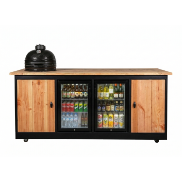 Buitenkeuken Bordeaux | Koelkast 70 liter 2 x | 18 inch kamado | Douglas Hout | Normale scharnieren | Zwart omlijst | Zwenkwielen