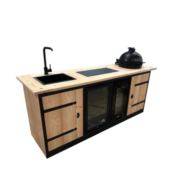 Buitenkeuken Marseille | 70 Liter Koelkast | Wijnkoelkast | Met Wasbak | + Kamado BBQ | Zwart Omlijst | Douglas Hout