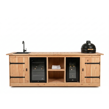 Buitenkeuken Braga | Koelkast 70 liter | Wijnkoelkast 52 liter | Kamado 16 inch |Douglas Hout | Kruishengen | Zwenkwielen | Wasbak en kraan zwart