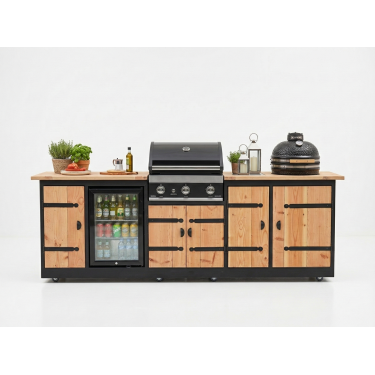 Buitenkeuken Oslo | Koelkast 70 liter | Douglas Hout | Kruisheng scharnieren | Kamado 16 inch | Grandhall G4 BBQ | Zwart omlijst
